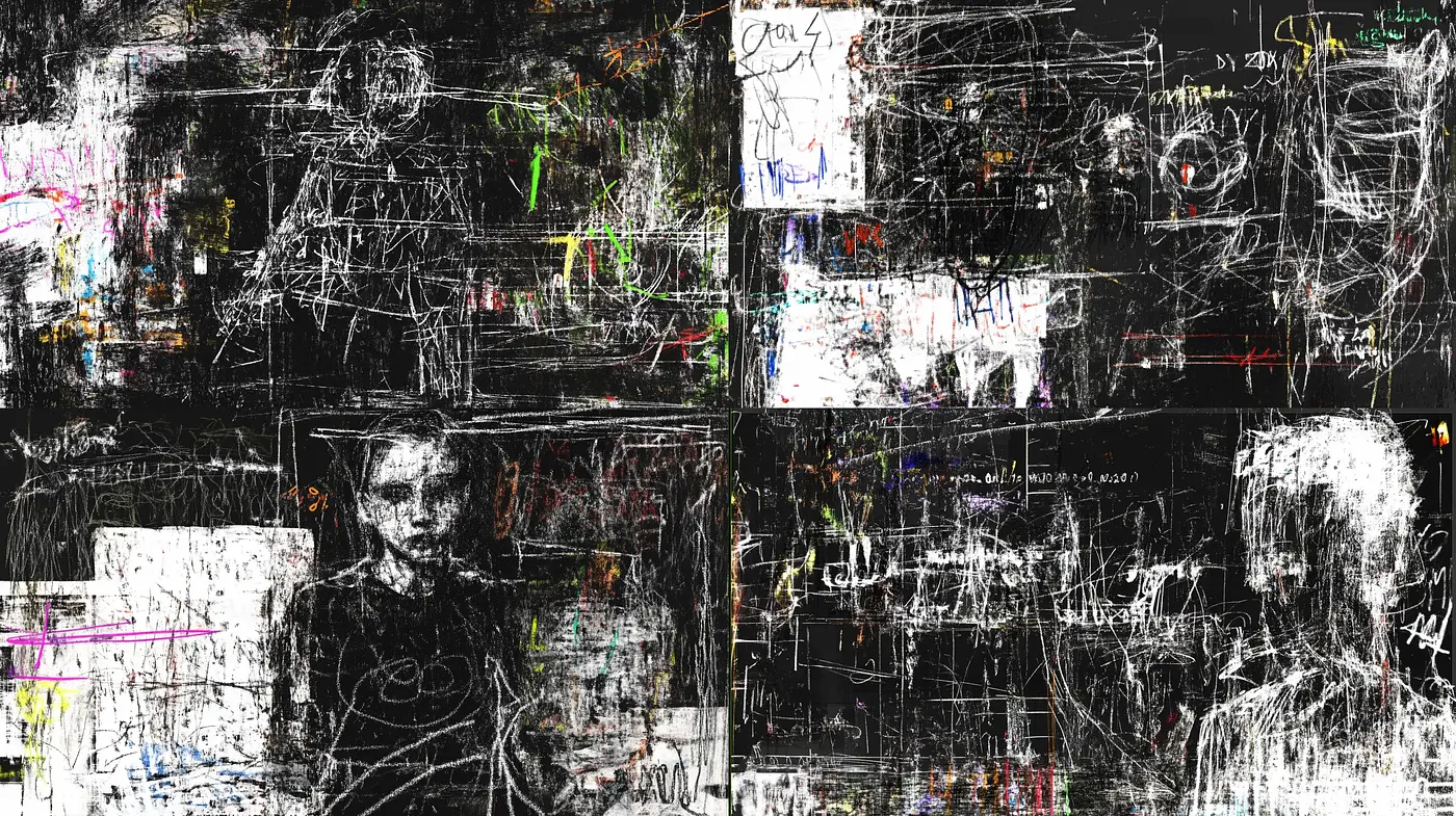 Abstract Chaos in Monochrome with Vivid Accents - Midjourney sref style