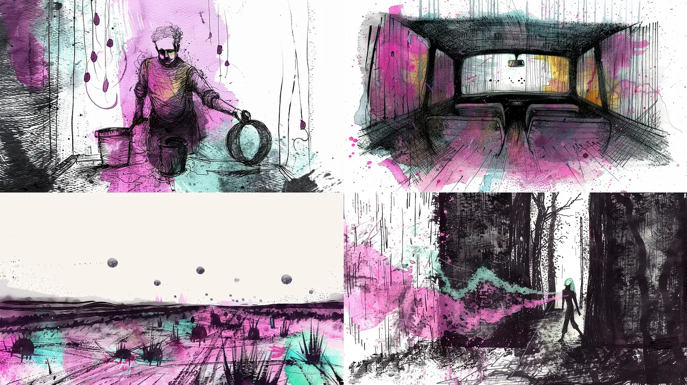 Ethereal Brushstrokes and Surreal Landscapes in Monochrome Hues with Vibrant Accents - Midjourney sref style