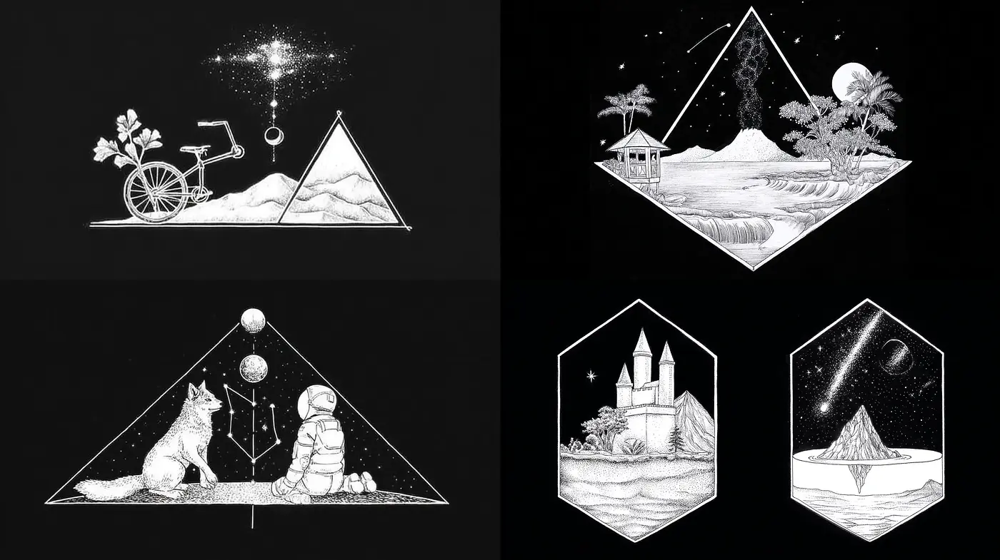 Intricate Black and White Illustrations with Geometric Elements and Cosmic Themes - Midjourney sref style