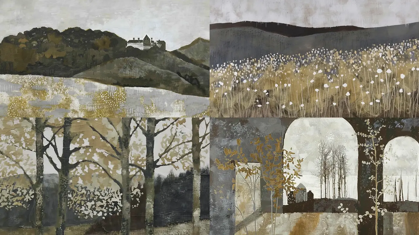 Dusky Earth Tones and Pastoral Serenity in Textured Landscapes - Midjourney sref style