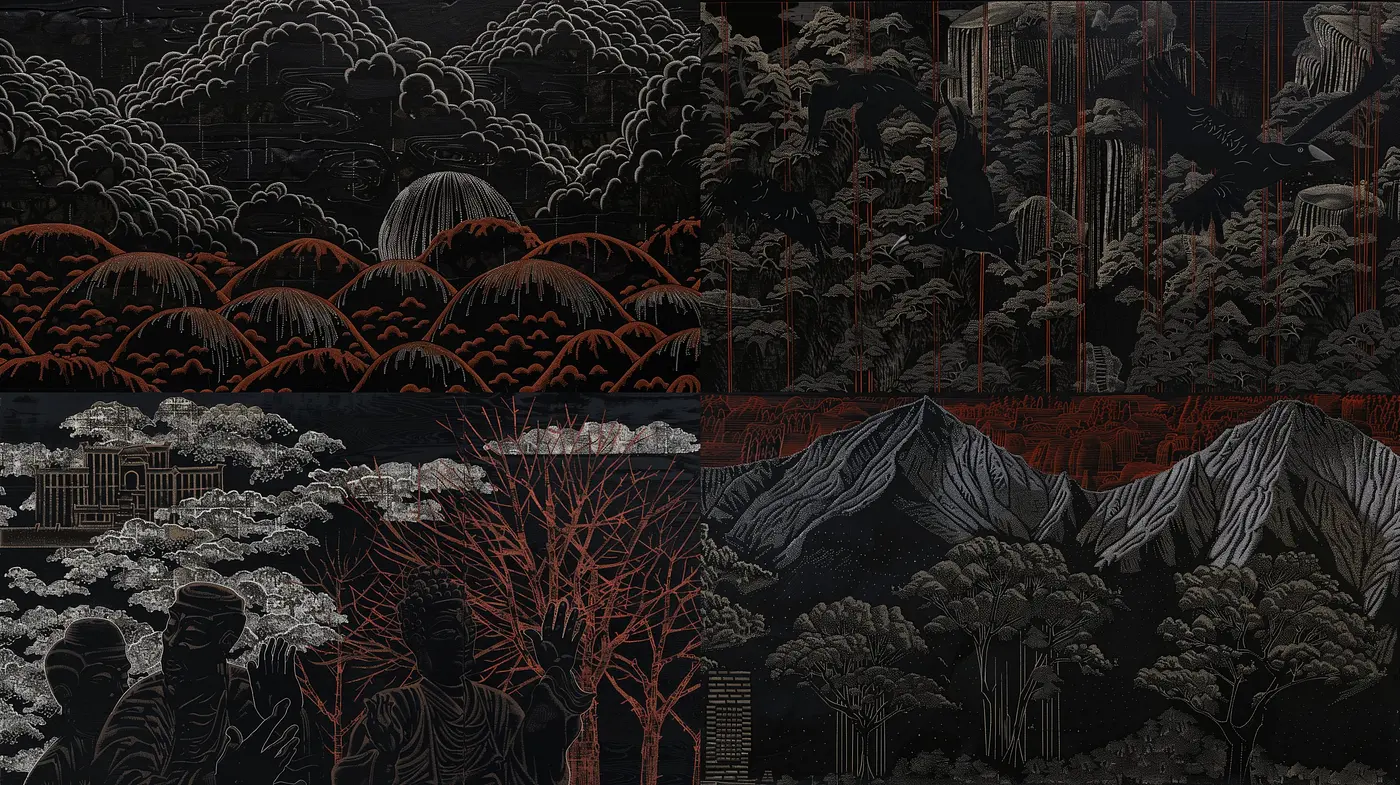 Ethereal Nocturnal Landscapes: A Fusion of Digital Woodblock Print Aesthetics and Surrealist Artistry - Midjourney sref style