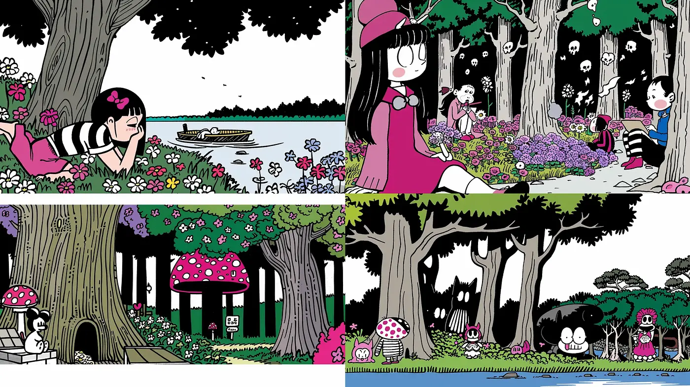 Enchanted Cartoon Forest Fusion with Vibrant Patterns and Hues - Midjourney sref style
