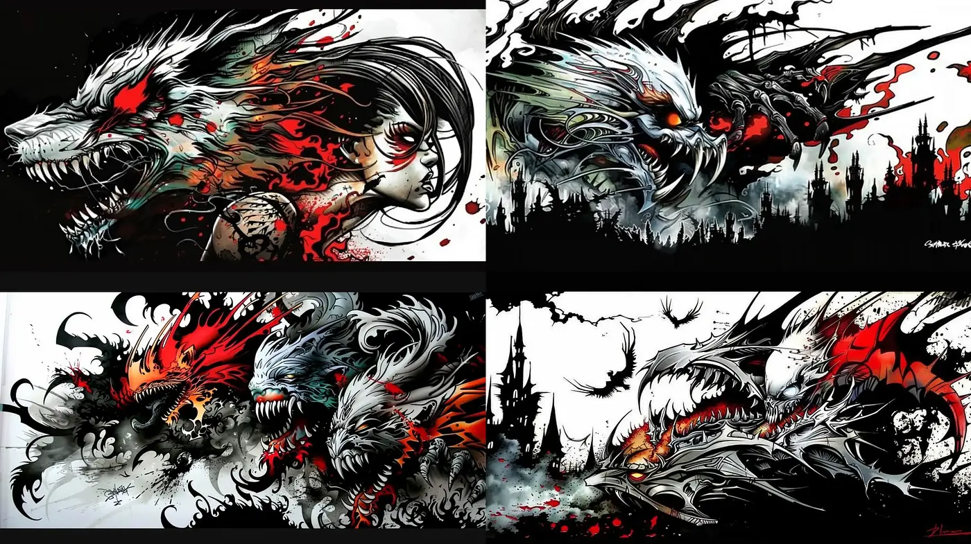 Chaotic Elegance of Ink and Red Splash - Midjourney sref style