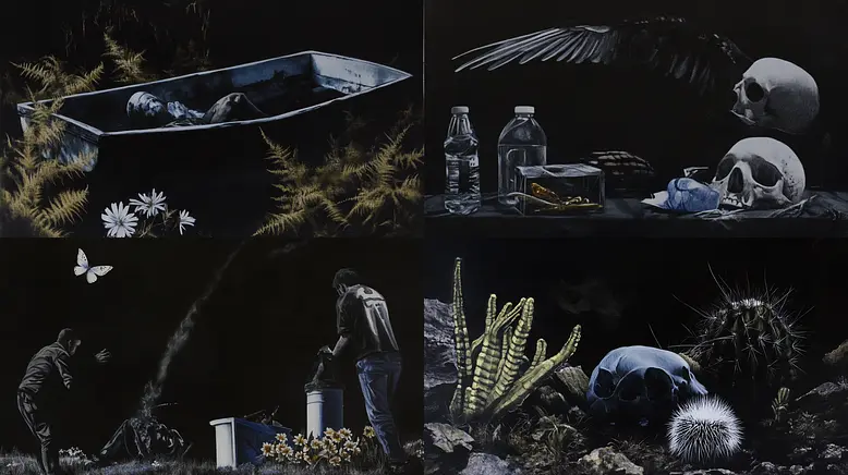 Dark, moody realism that combines elements of death and nature