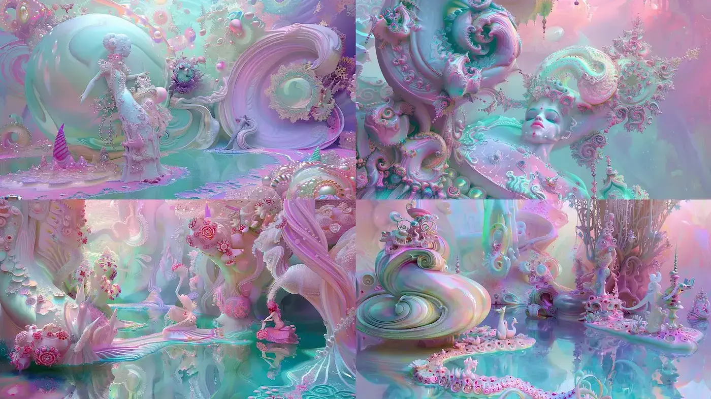 Ethereal Dreamlike Landscapes with Fluid Aesthetics and Surreal Elements - Midjourney sref style