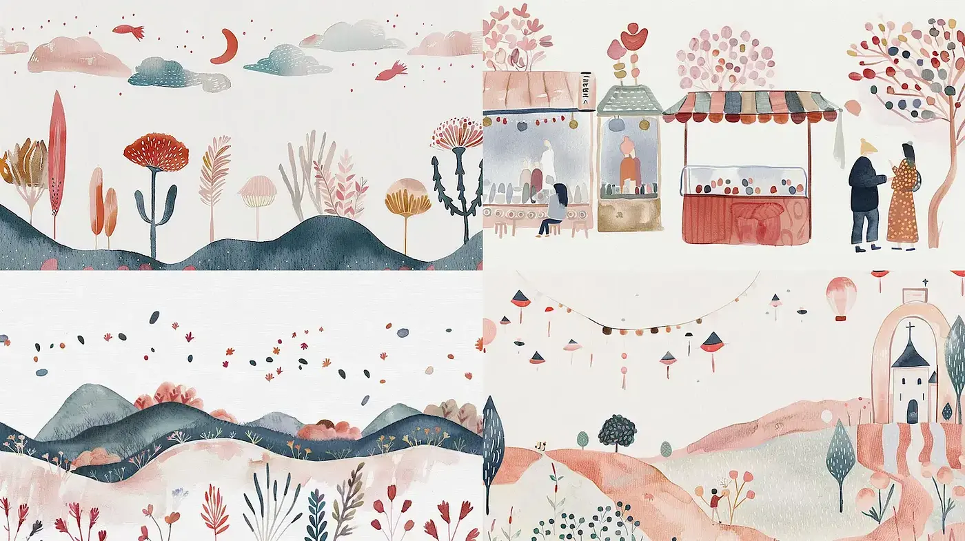 Charming and Whimsical Watercolor Landscape Style Infused with Soft Cozy Elements - Midjourney sref style