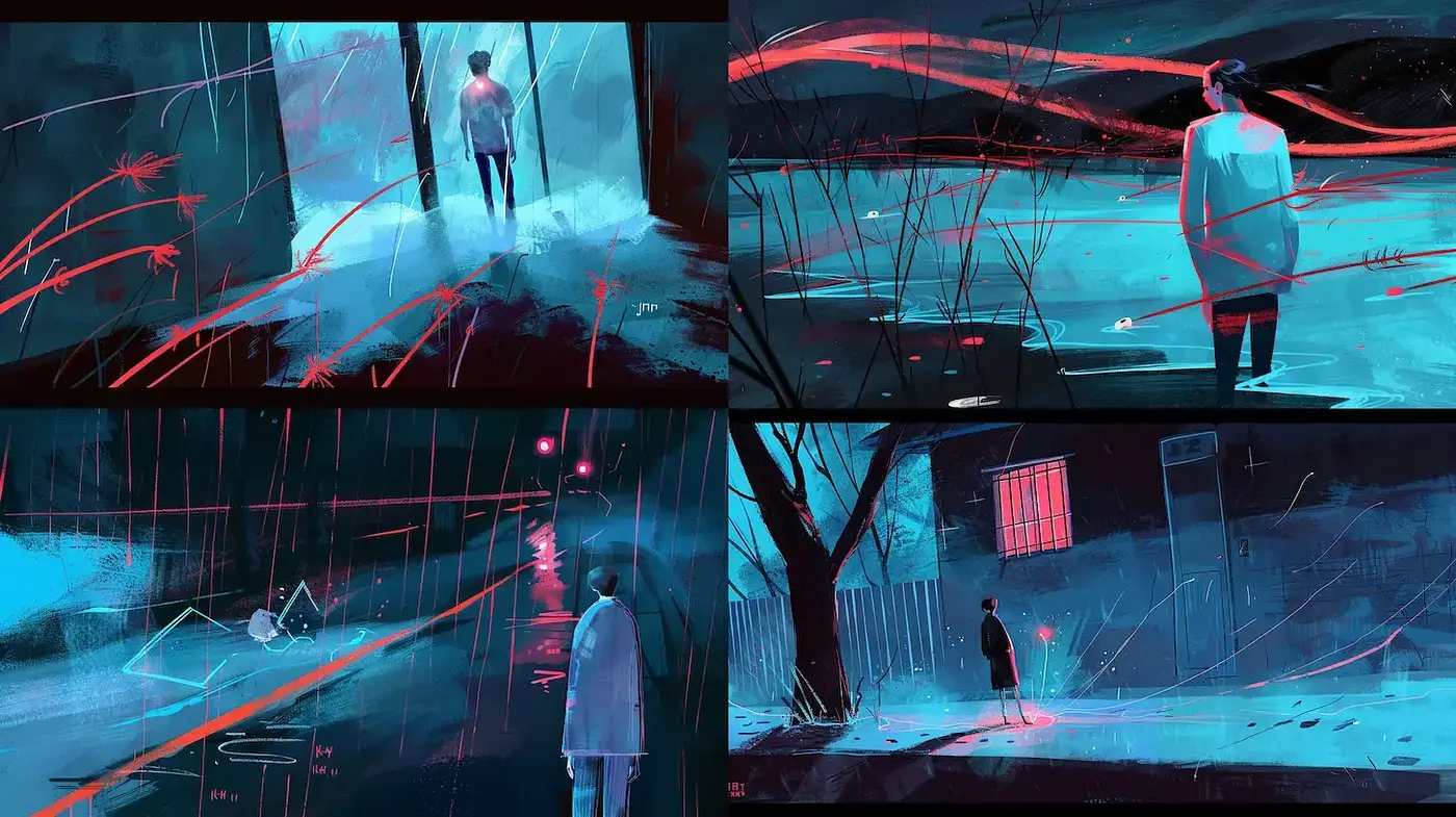 Neon Noir Dreamscape: Intertwining Frenetic Lines and Stark Contrasts - Midjourney sref style