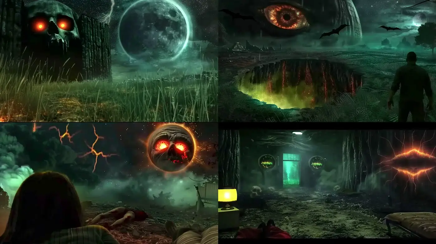 Eerie Nocturnal Hues and Sinister Eyes: A Consistent Vision of Nightmarish Impressions - Midjourney sref style
