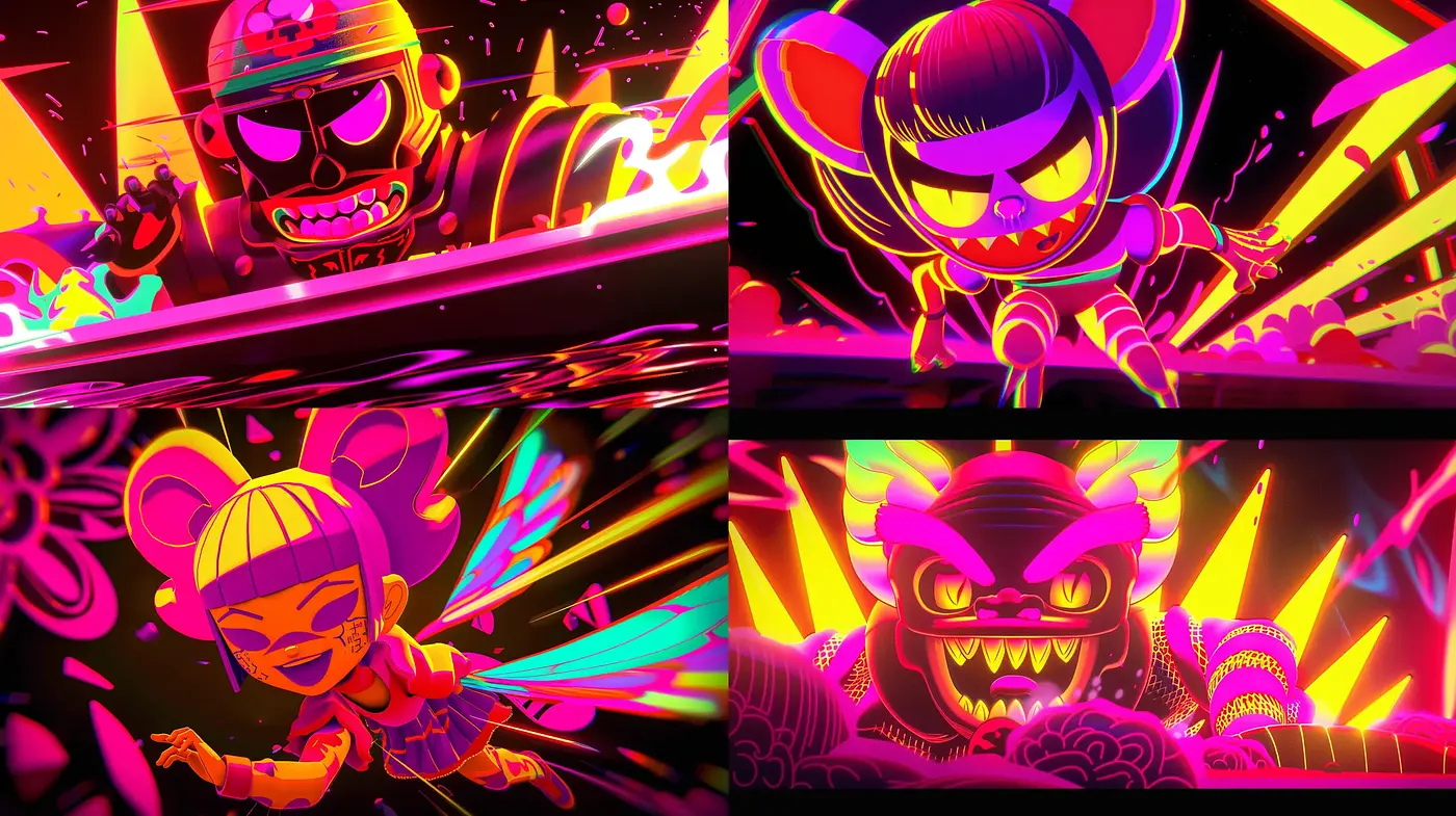 Neon Clash of Cartoon Exuberance - Midjourney sref style
