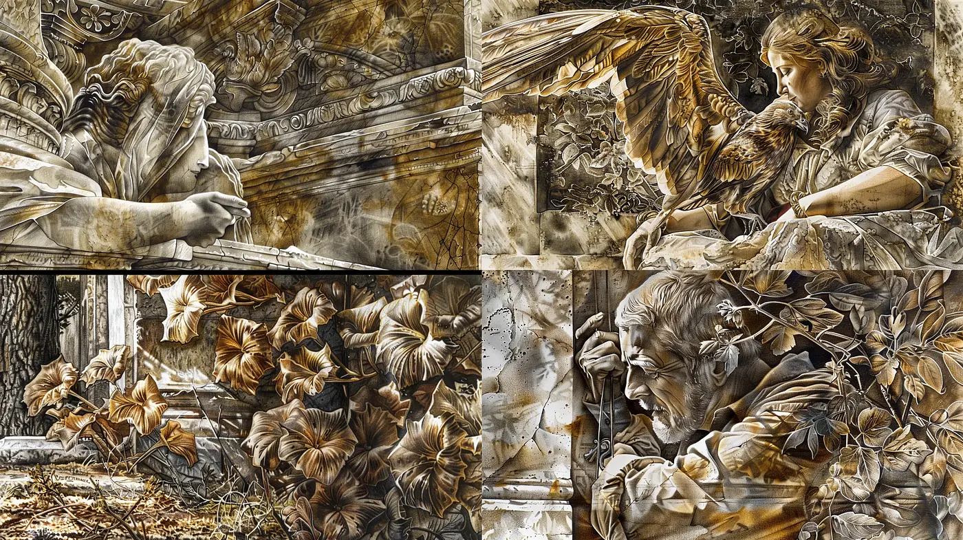 Autumnal Sepia Etchings: A Timeless Fusion of Nature and Sentiment - Midjourney sref style