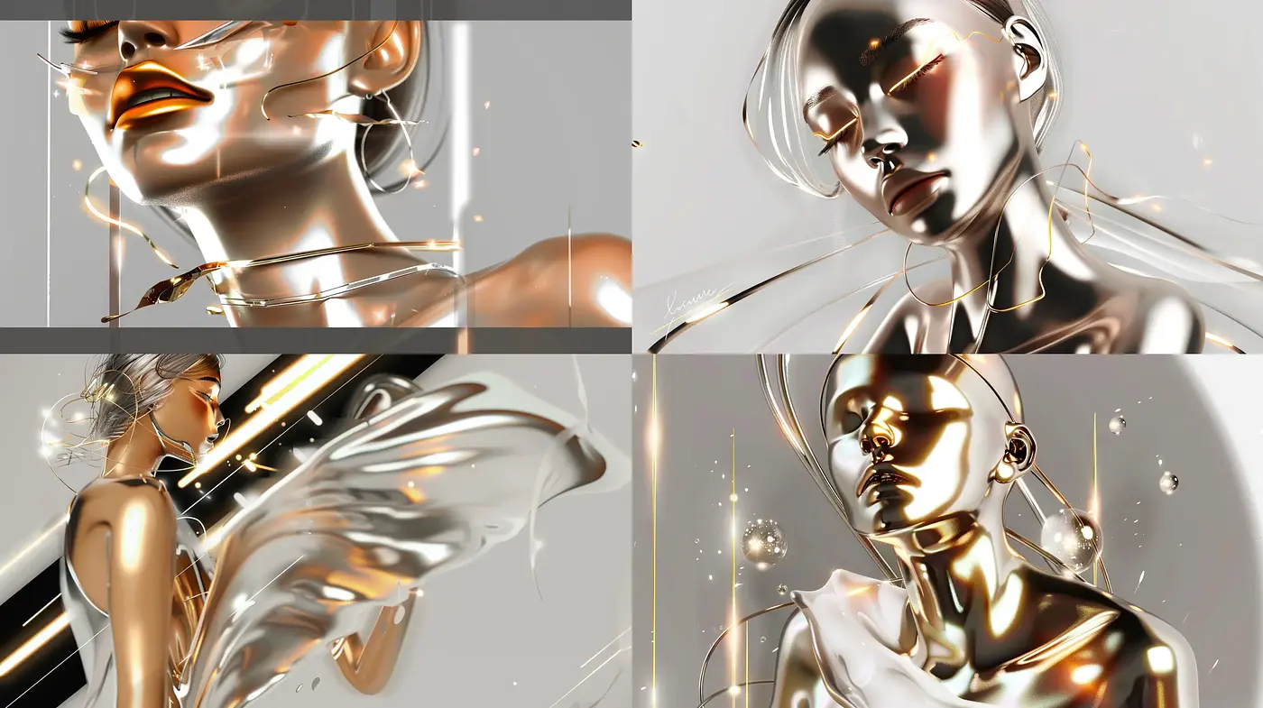 Luminous Elegance: A Fusion of Modern Gloss and Golden Hues - Midjourney sref style