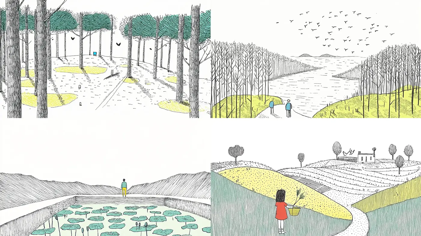 Stylized Pastoral Simplicity in Monochromatic Tones with Splashes of Vibrant Colors - Midjourney sref style