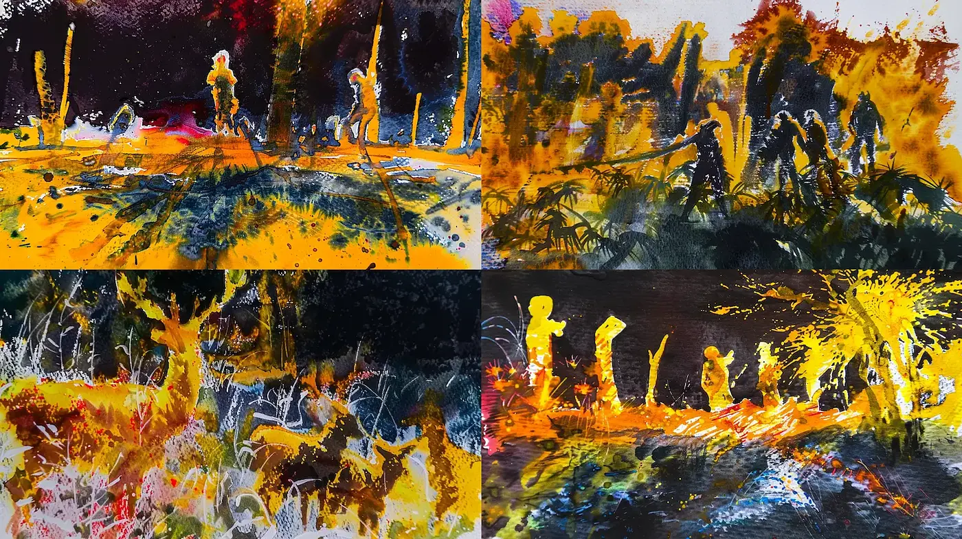 Expressive and Energetic Watercolor Landscapes with Abstract Figures - Midjourney sref style