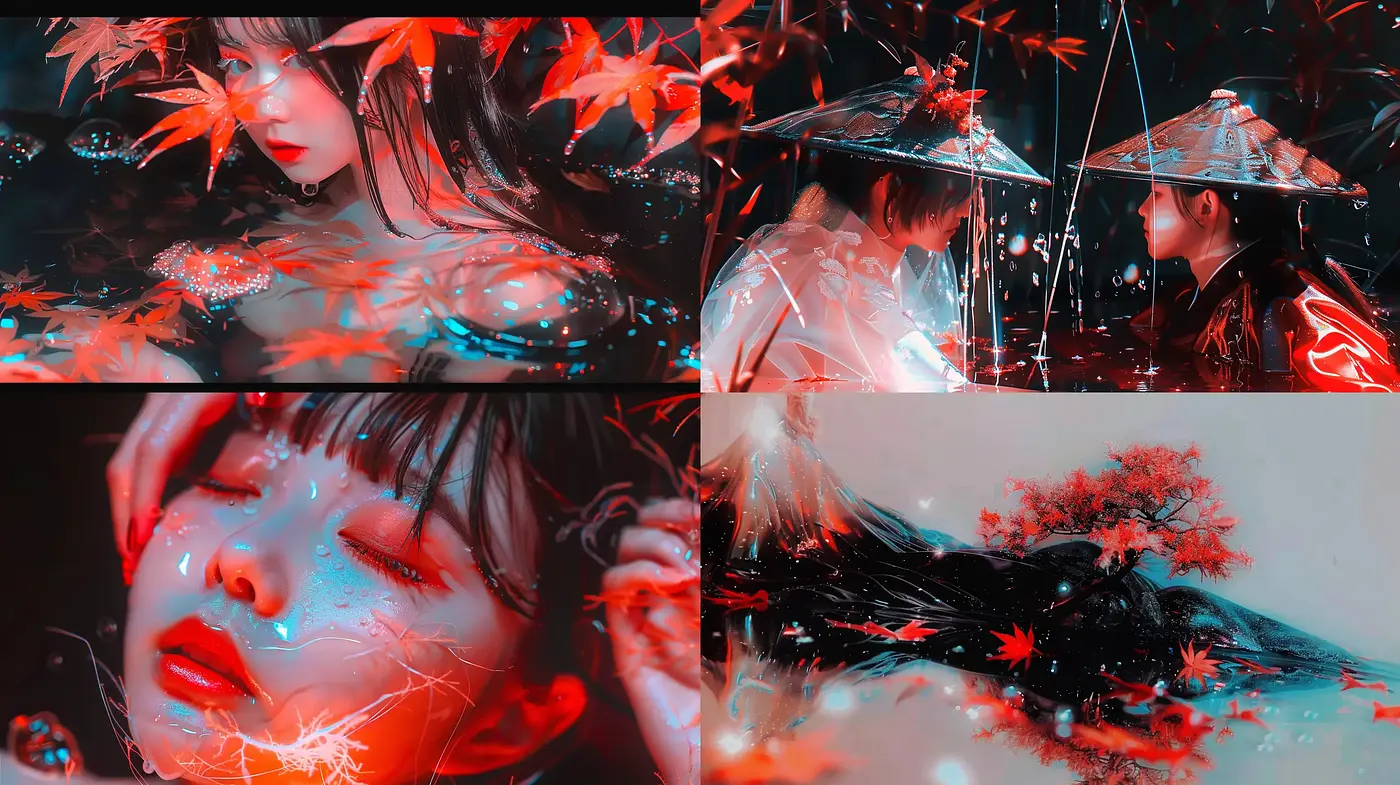 Ethereal Cyber-Noir Visions in Crimson and Onyx - Midjourney sref style