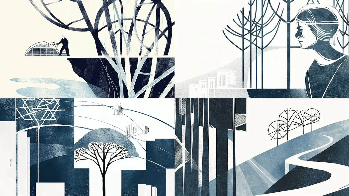 Monochromatic Geometric Landscapes with Vintage Aesthetic - Midjourney sref style