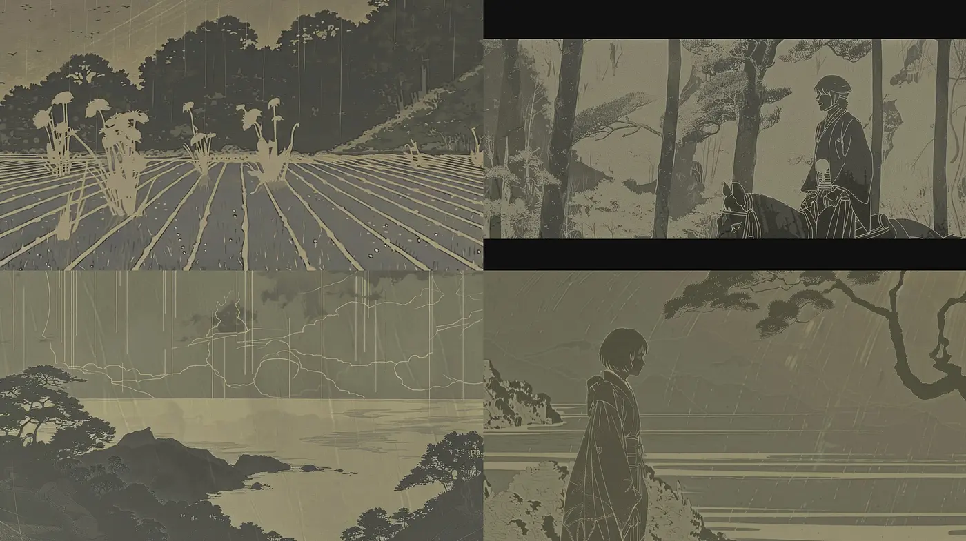 Monochromatic Elegance: An Artistic Fusion of Woodblock Printing and Graphical Storytelling - Midjourney sref style