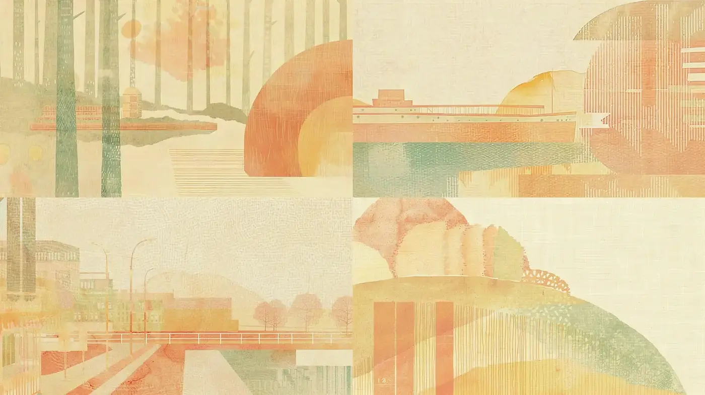 Serene Geometric Landscapes with Muted Earth Tones and Textured Layers - Midjourney sref style