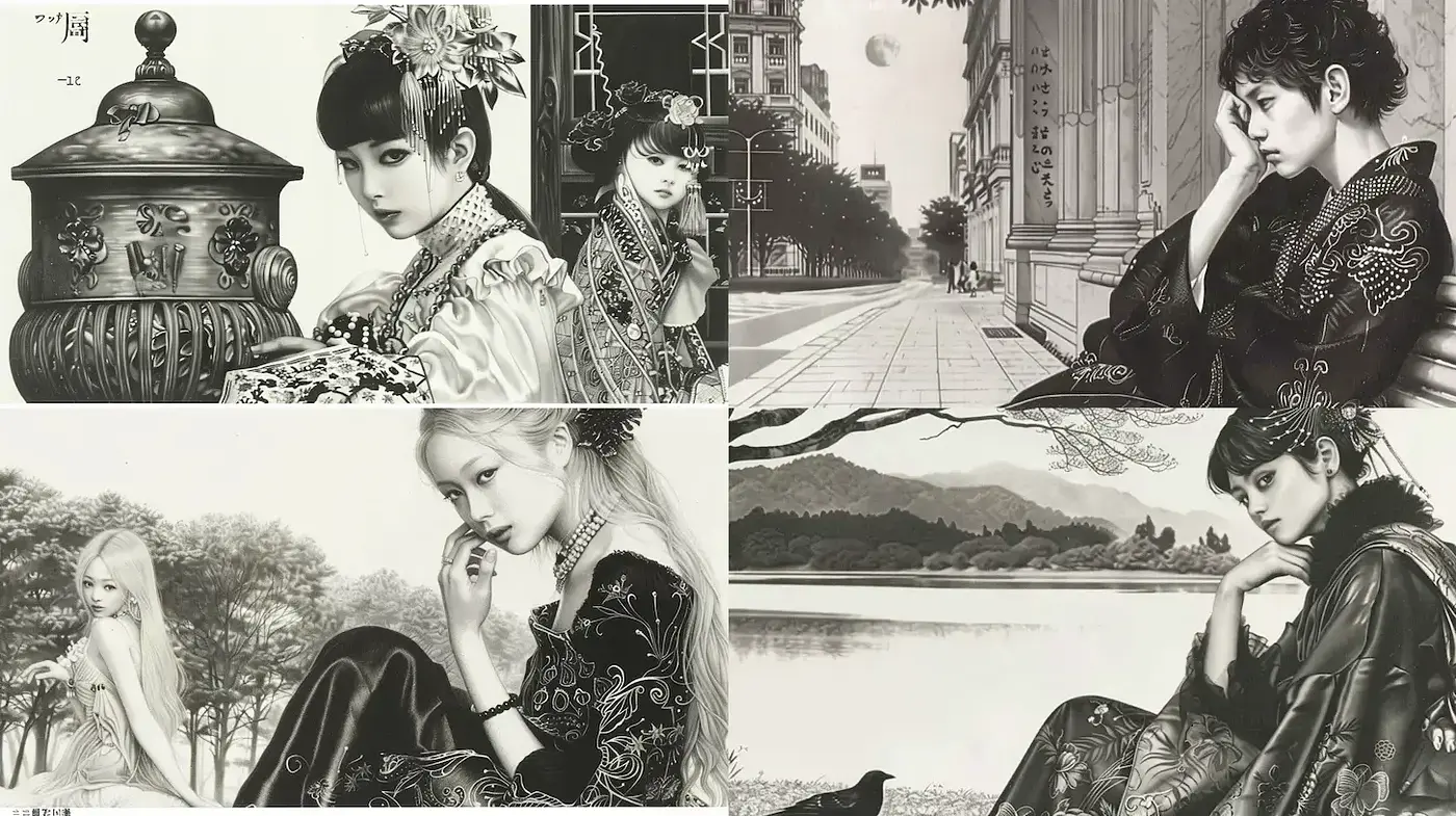 Elegantly Nostalgic Black and White Aesthetic with Contemporary Influences - Midjourney sref style