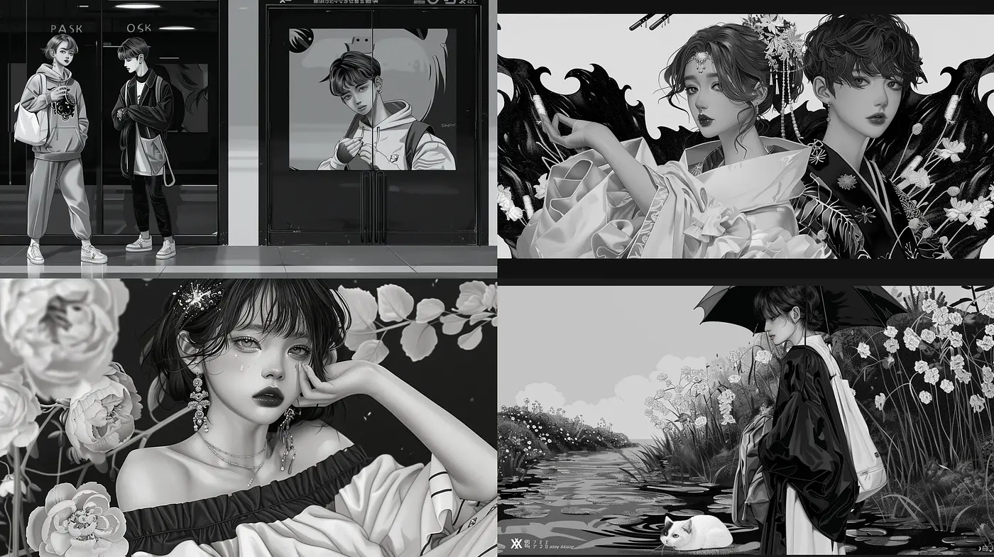 Monochrome Elegance with a Serene Manga Essence - Midjourney sref style