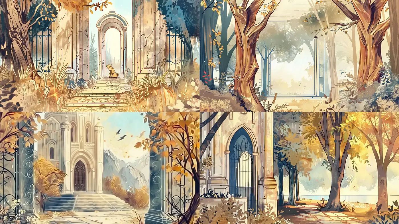 Autumnal Elegance in Dreamlike Architectural Landscapes - Midjourney sref style