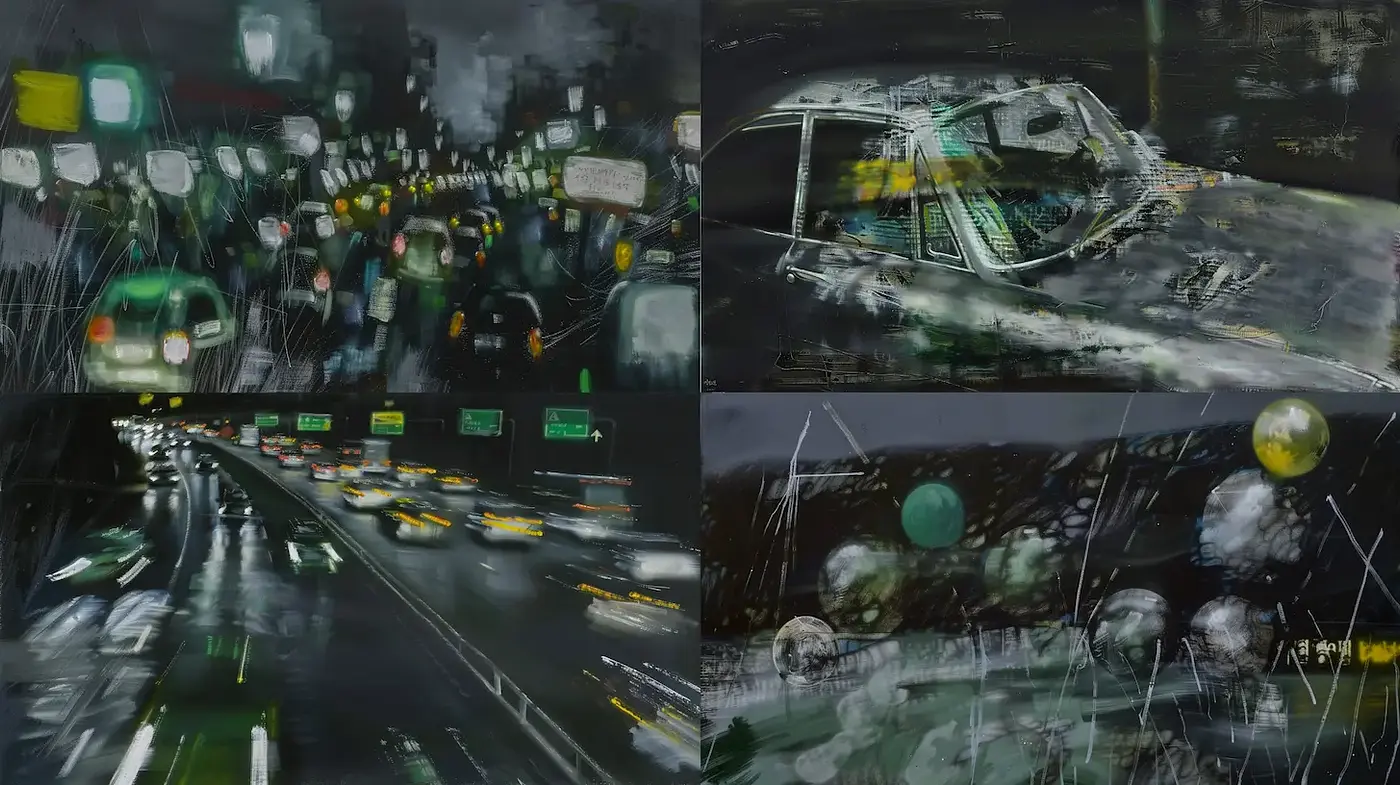 Dynamic urban night scenes infused with abstract expressionism - Midjourney sref style