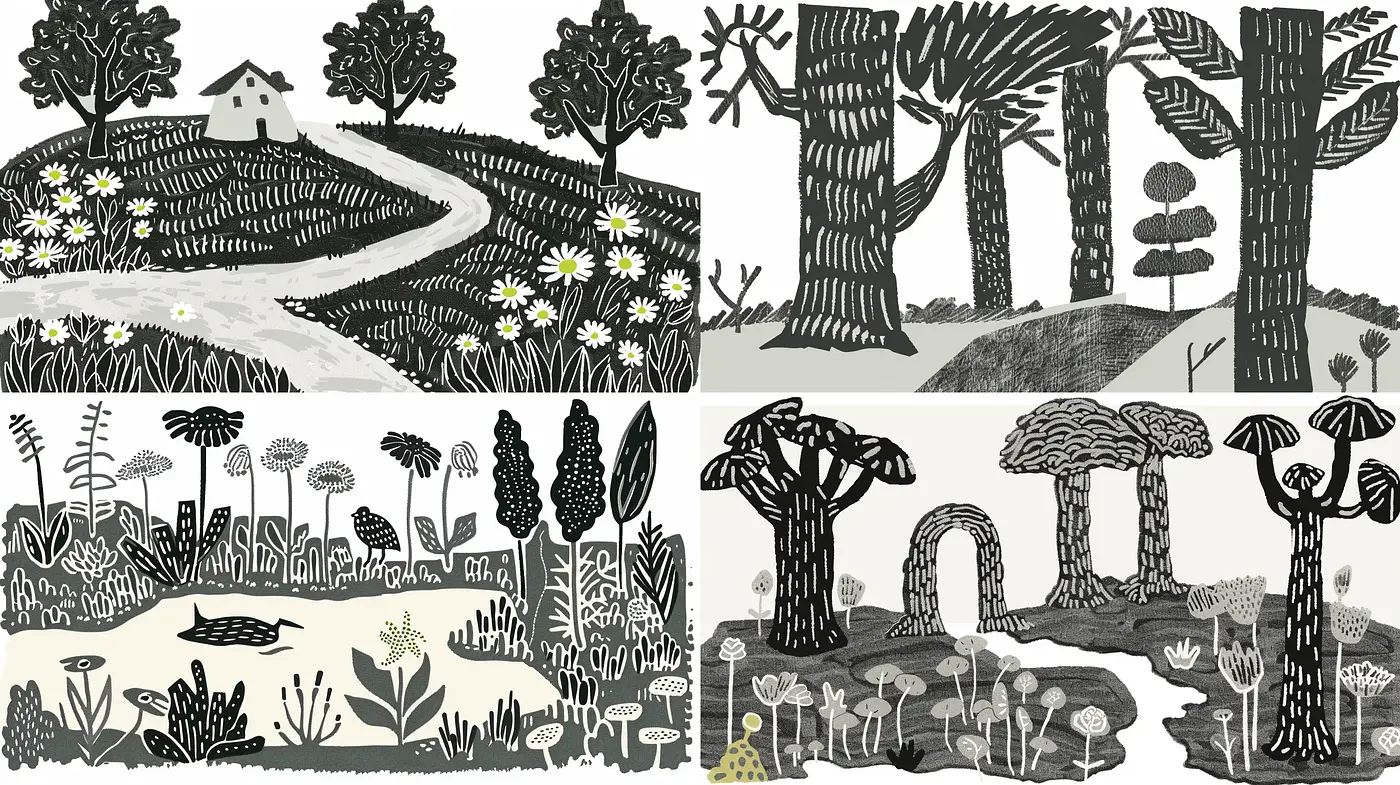 Monochrome Whisperings of Enchanted Woods: A Consistent Journey through Folkloric Illustration - Midjourney sref style
