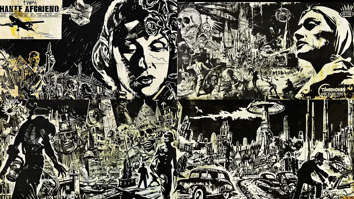 Postmodern Noir Collage with Graphic Novel Undertones - Midjourney sref style
