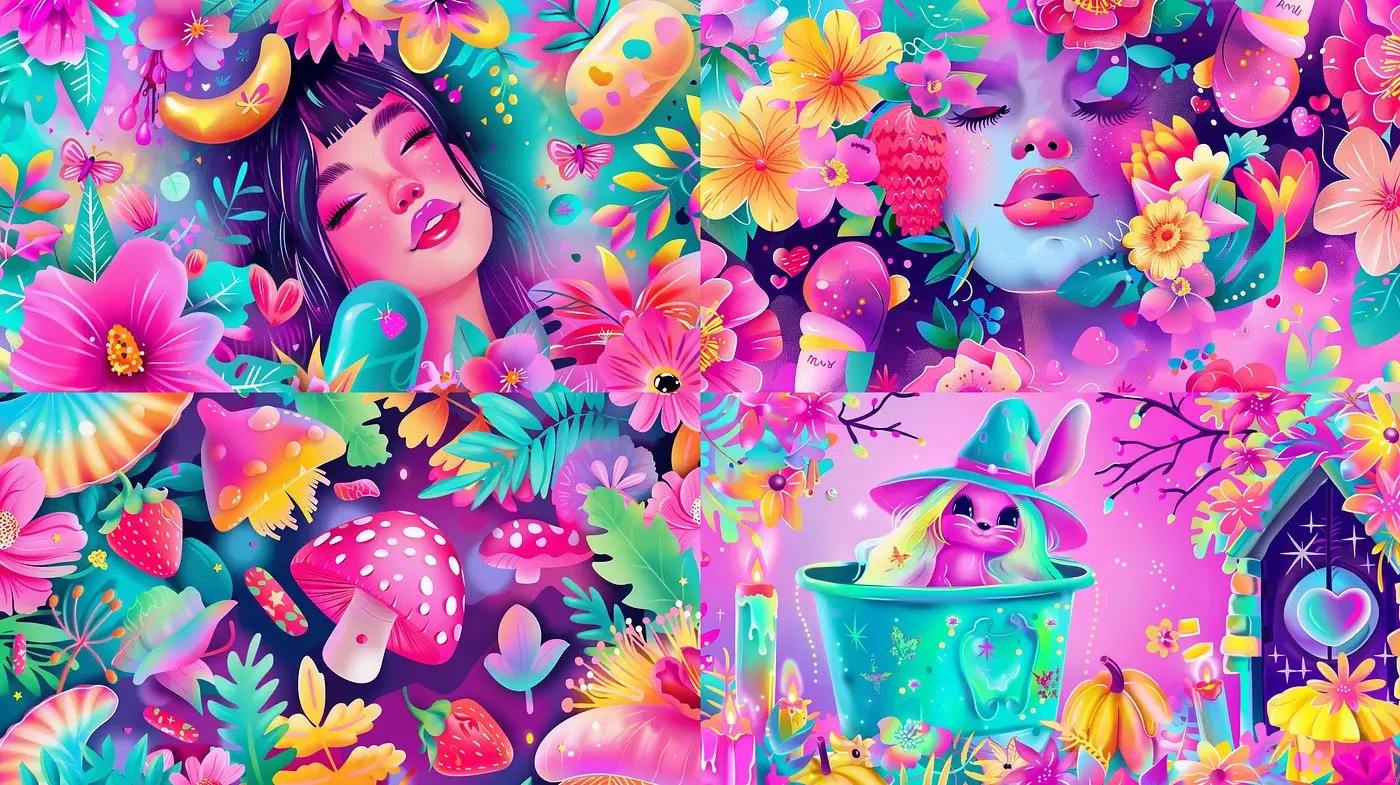 Psychedelic Bloom: A Fusion of Florals and Vivid Dreams - Midjourney sref style