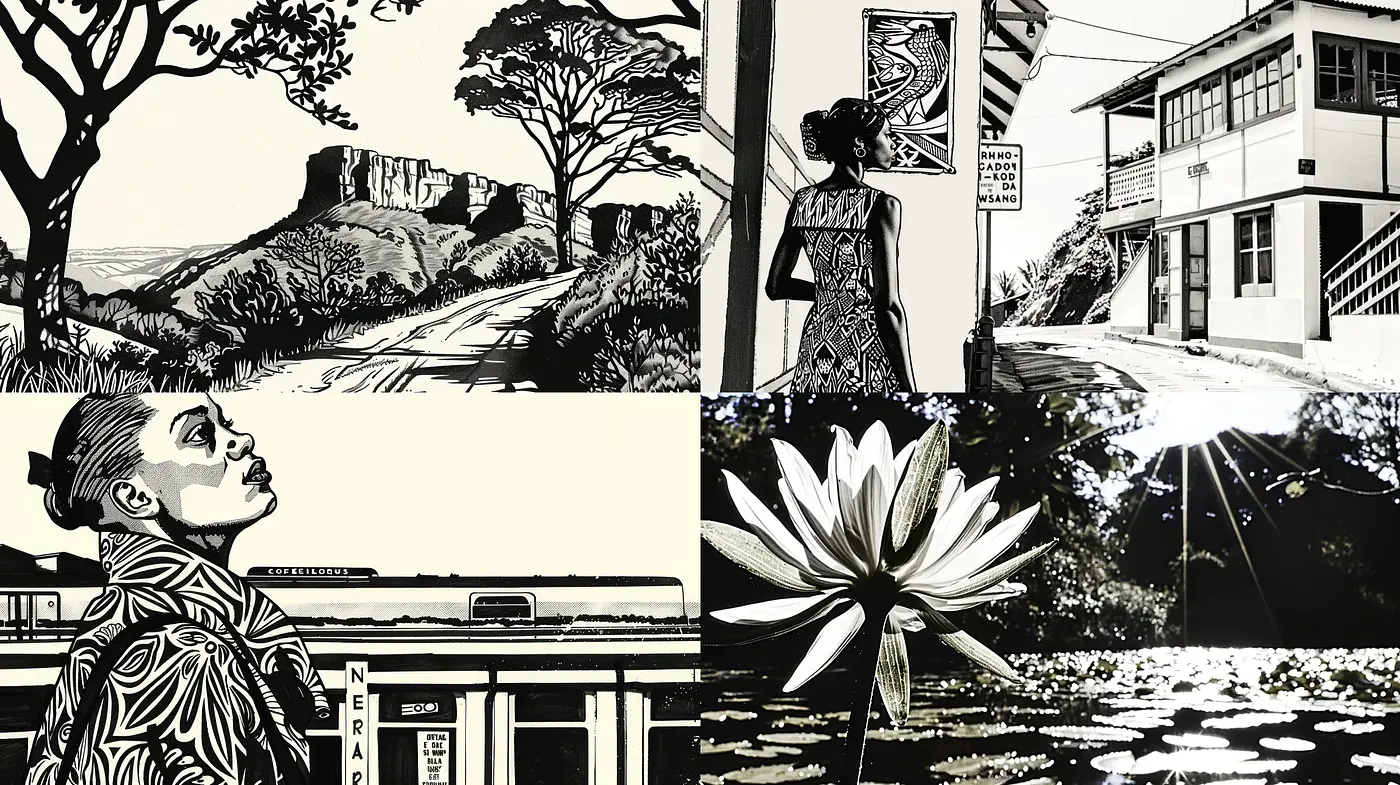 Monochromatic Ink Illustration Panorama - Midjourney sref style