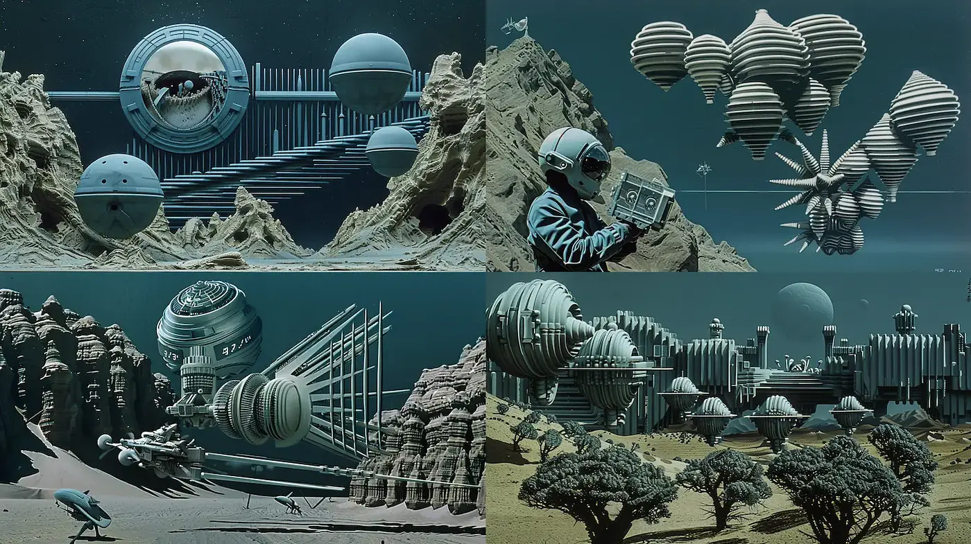 Futuristic Fantasy with Retro Aesthetics and Surreal Elements - Midjourney sref style