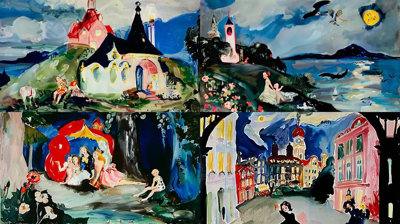 Eclectic Dreamscapes: A Fusion of Painterly Whimsy and Vivid Storybook Colors - Midjourney sref style