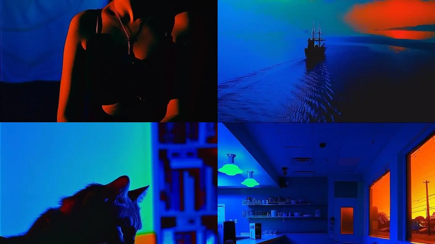 Nocturnal Hues: A Study in Sapphire and Crimson - Midjourney sref style