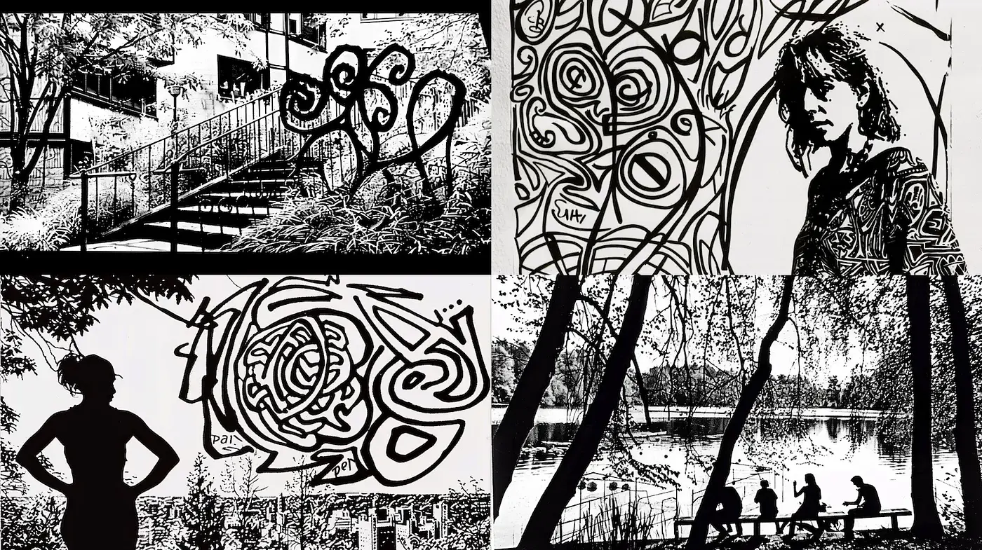Stylized Urban Black and White Abstract Art with Whimsical Elements - Midjourney sref style