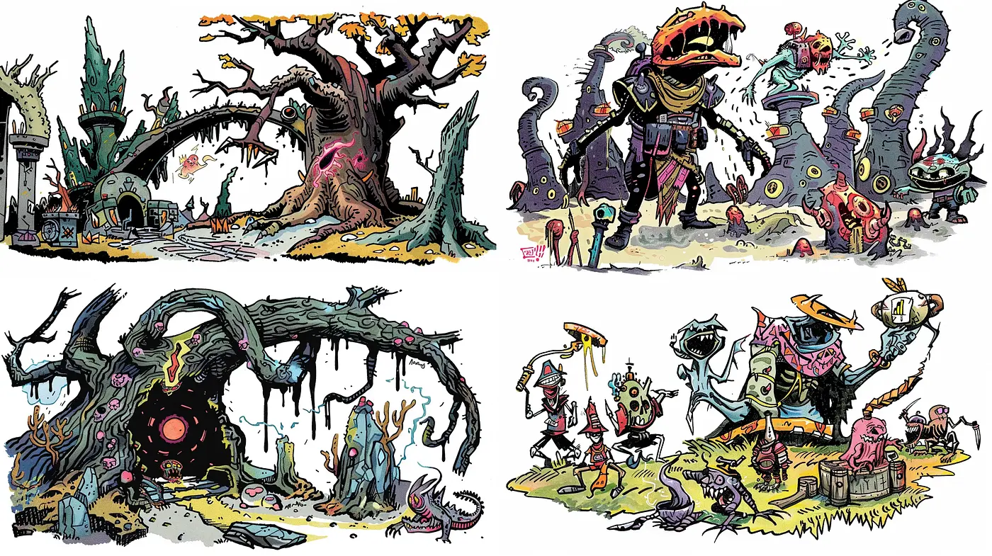 Surreal Grotesque Wonderland: A Vividly Whimsical Fusion - Midjourney sref style