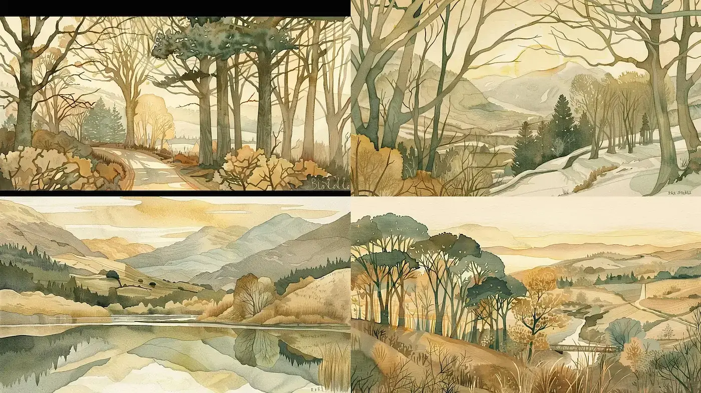 Serene Watercolor Landscapes with Muted Tones and Naturalistic Flair - Midjourney sref style