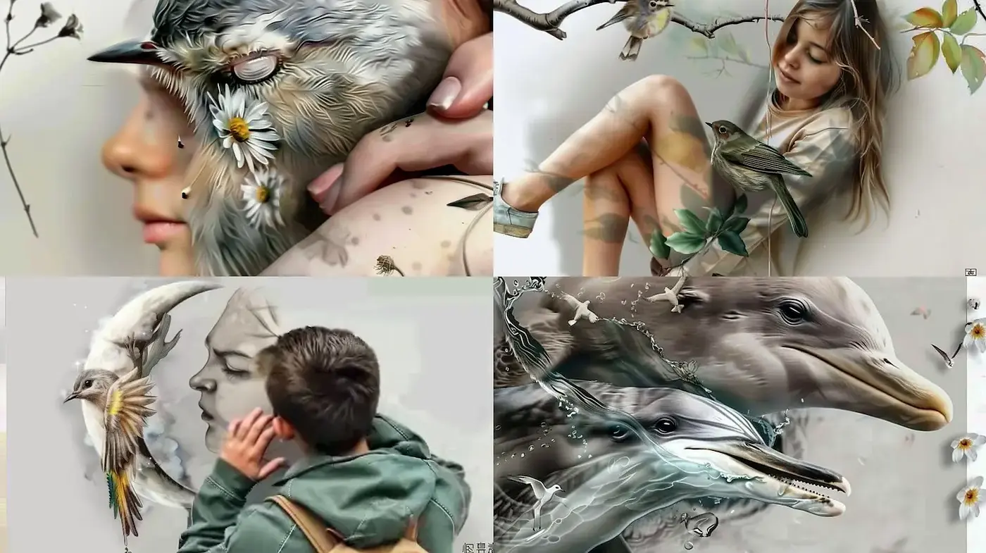Surreal Blends of Nature and Humanity in a Dreamlike Aesthetic - Midjourney sref style