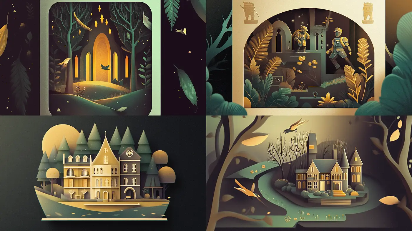 Enchanted Nocturnal Elegance: A Consistent Study in Twilight Hues and Serene Storybook Illustrations - Midjourney sref style