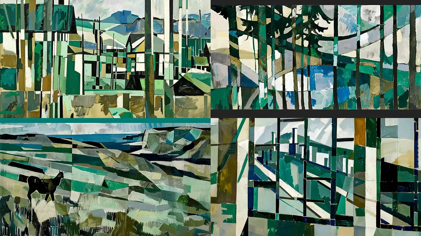 Fragmented Natural Landscapes in a Cubist Tapestry - Midjourney sref style