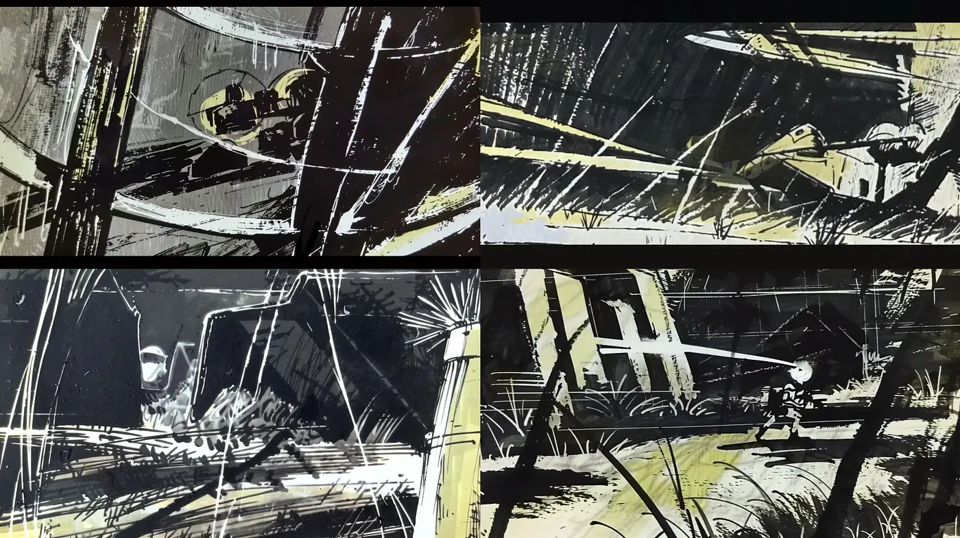 DynamicAbstractNoir: Homage to the Energetic Brushwork in Monochromatic Tones - Midjourney sref style