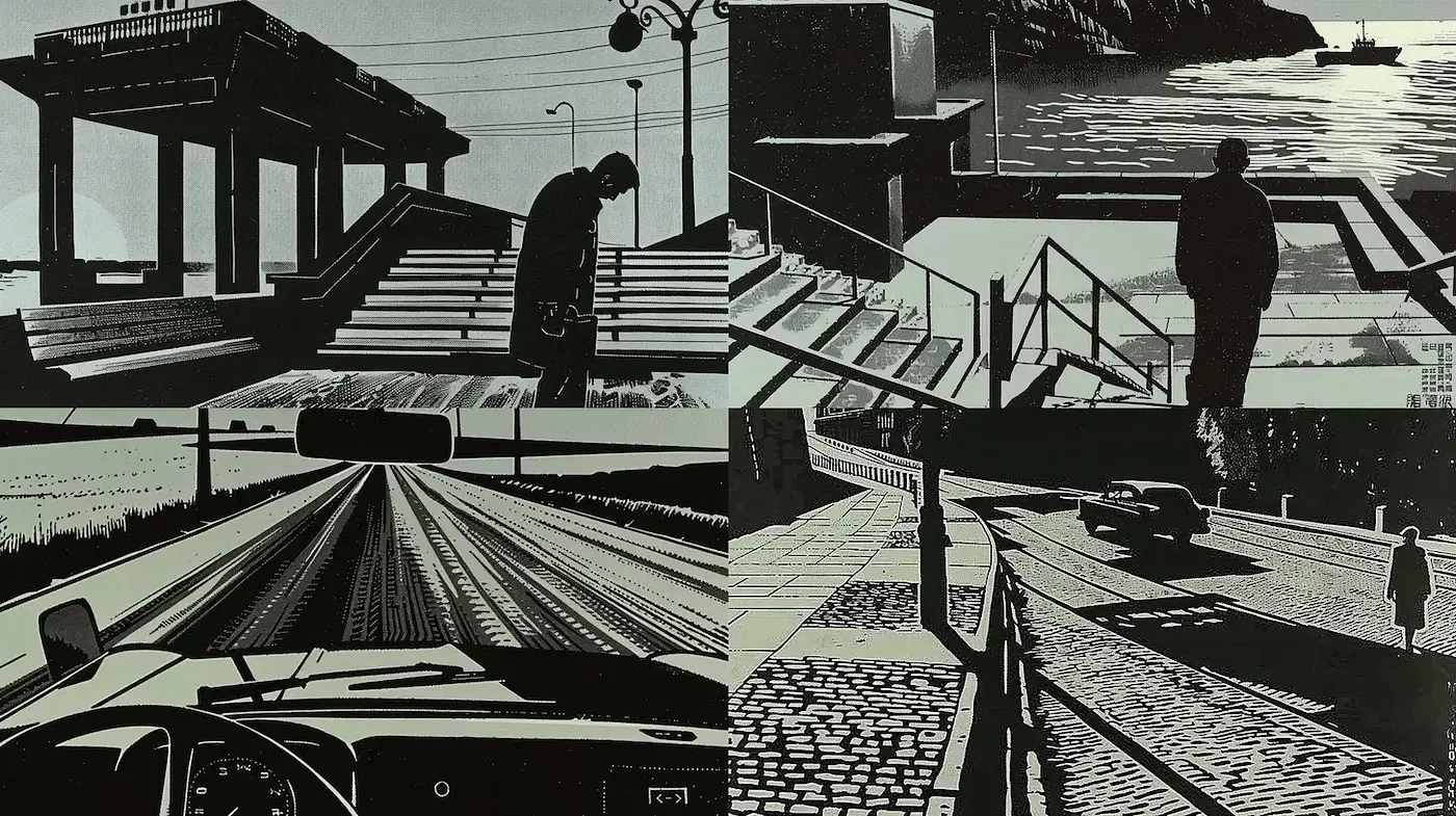 Monochromatic Urban Noir with Retro Influences - Midjourney sref style