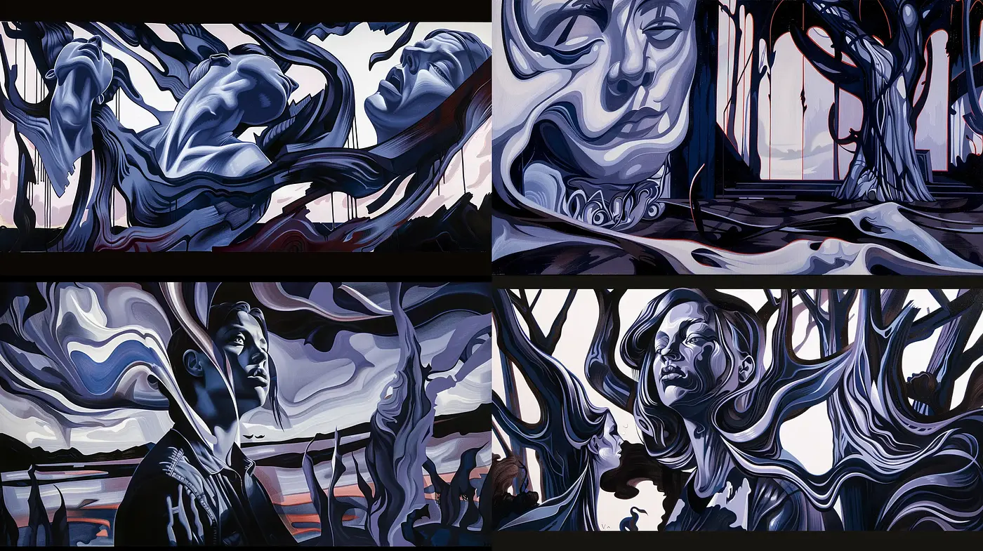Surreal Swirls and Dynamic Contours in Monochromatic Dreamscape - Midjourney sref style