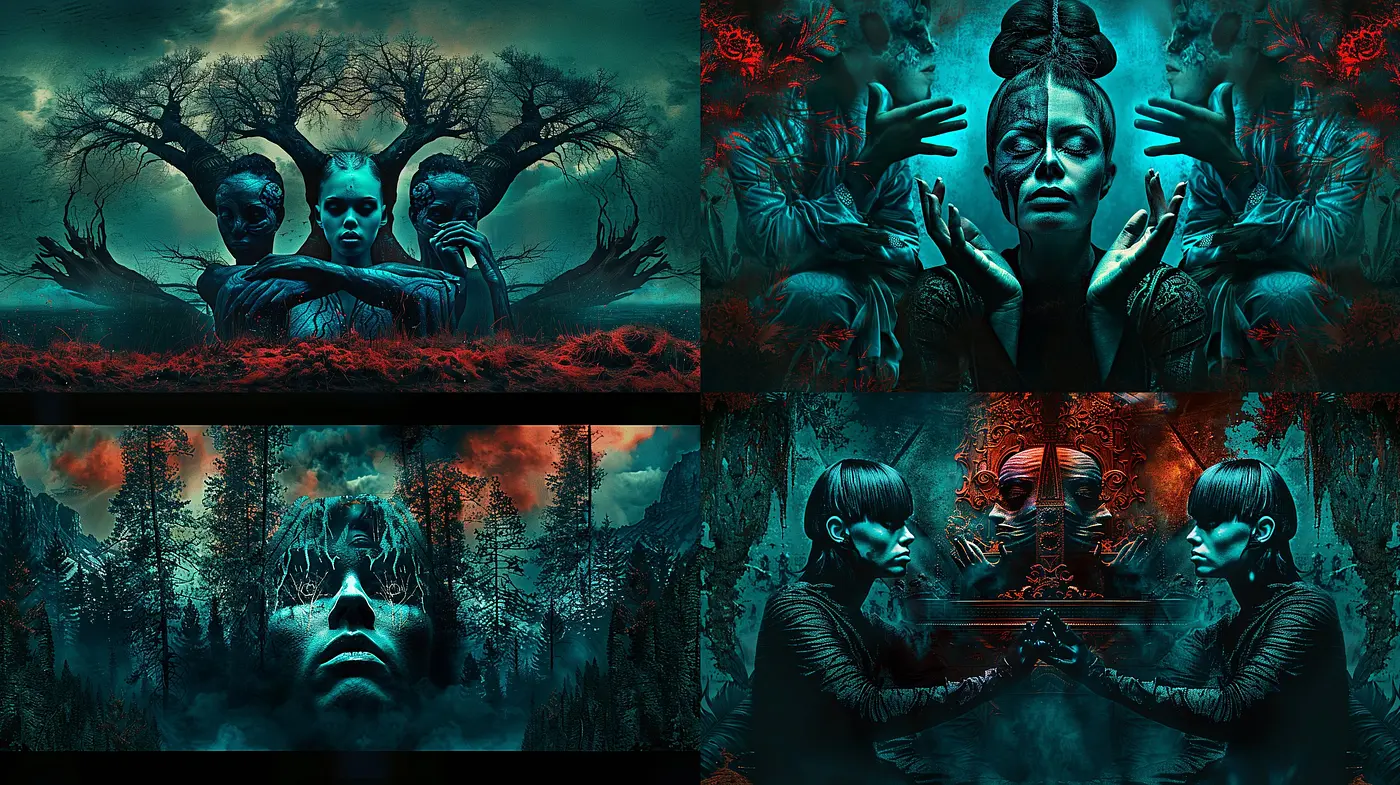Eerie Surrealism in Cyanotic Tones: A Fusion of Dark Fantasy and Ethereal Mystery - Midjourney sref style