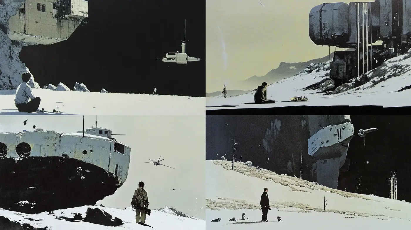Cinematic Stillness in Monochromatic Sci-Fi Landscapes - Midjourney sref style