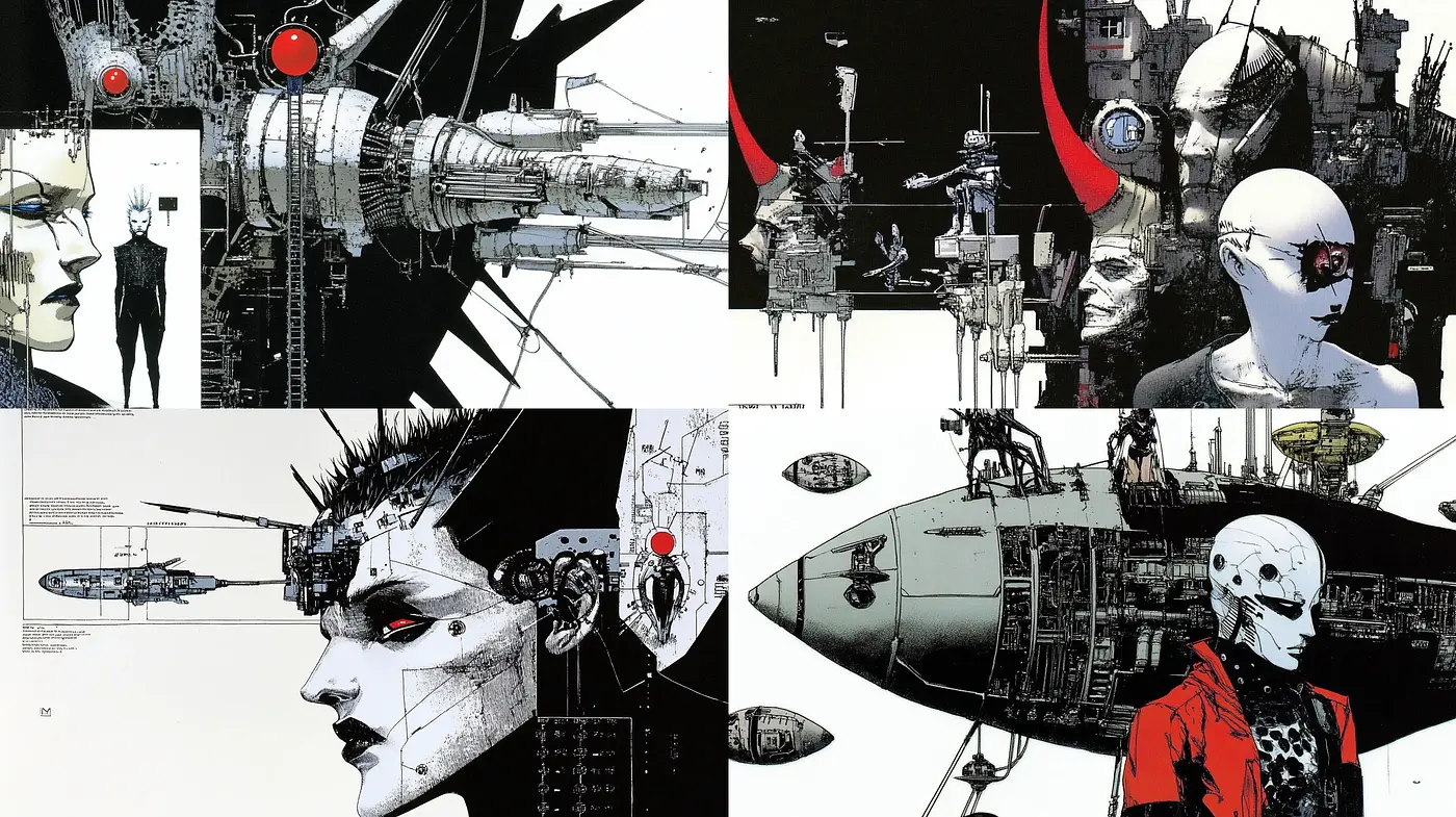 Futuristic Mechanical Ambiance with Noir Tendencies - Midjourney sref style