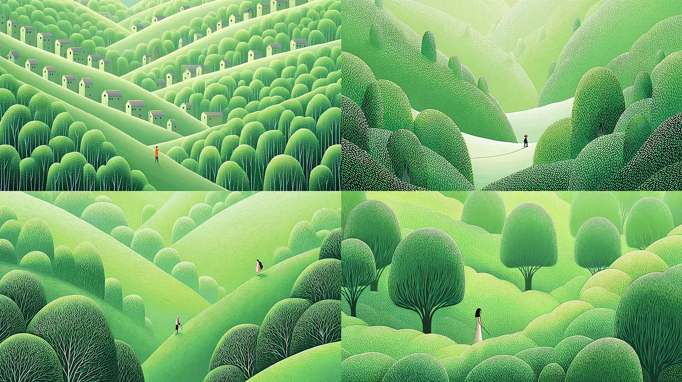 Lush Green Landscapes with Harmonious Elements - Midjourney sref style