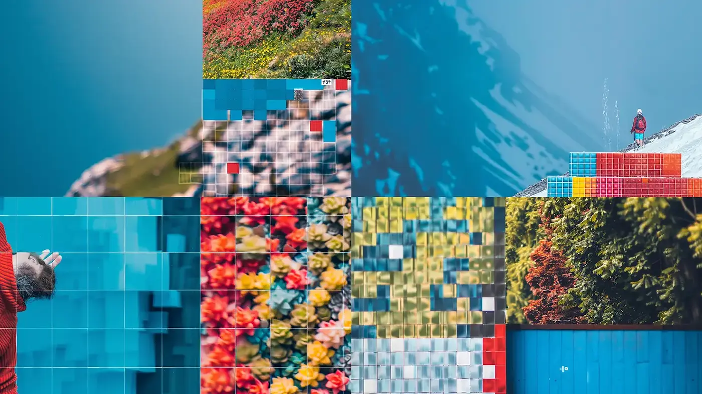 Vibrant Digital Collage with Geometric Patterns and Nature Elements - Midjourney sref style