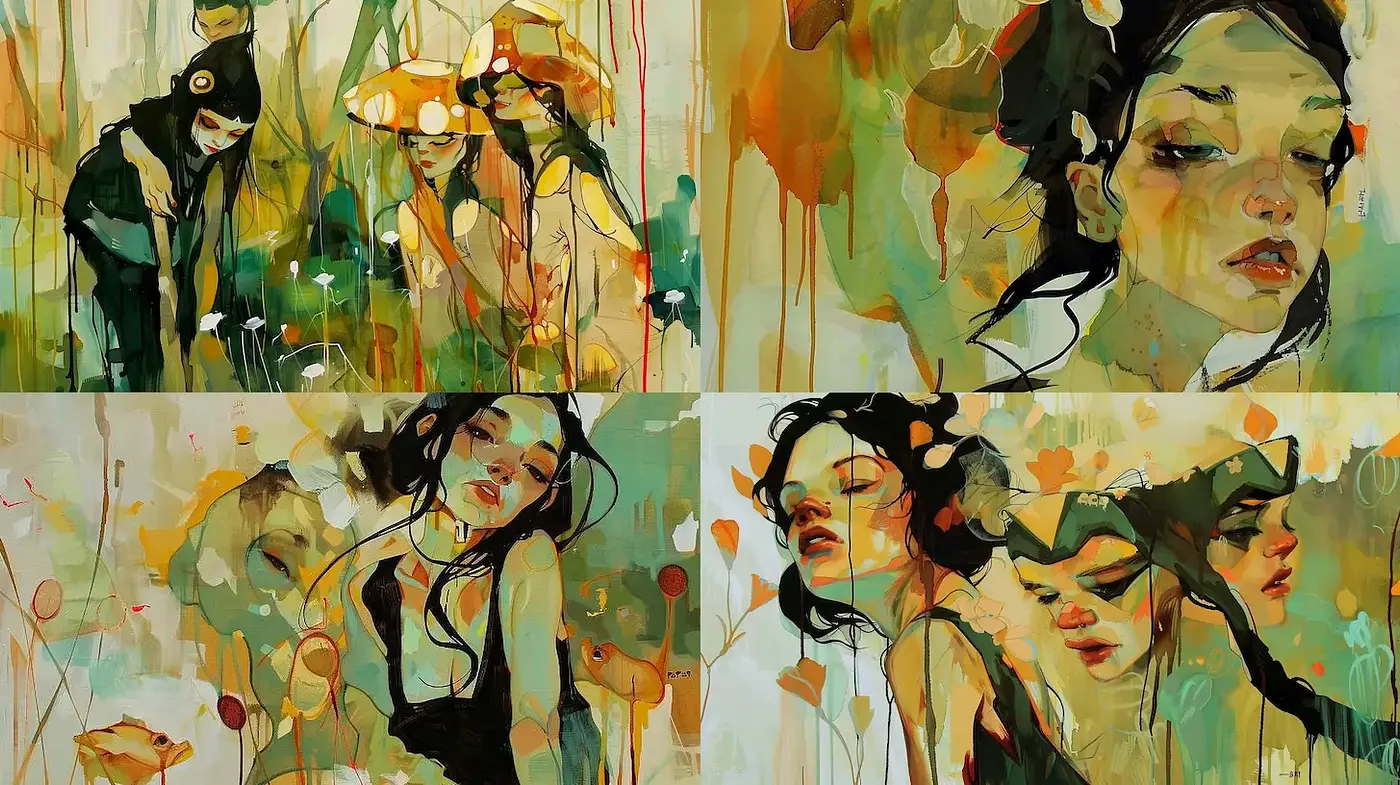 Vibrant and Expressive Mixed Media Portraiture with Organic Elements - Midjourney sref style