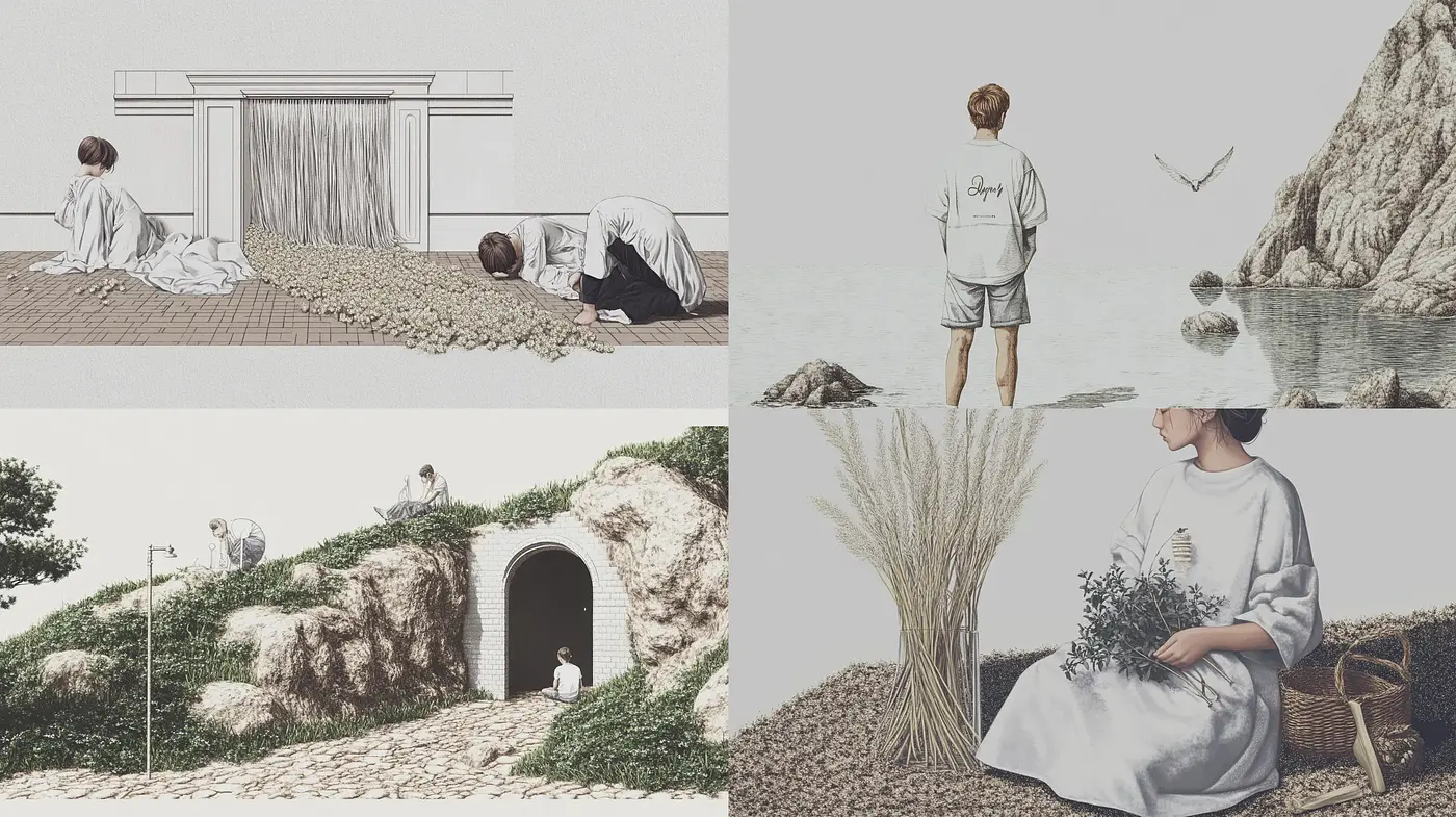 Serene Pastoral Hues: A Symphony of Subdued Earth Tones and Delicate Textures - Midjourney sref style