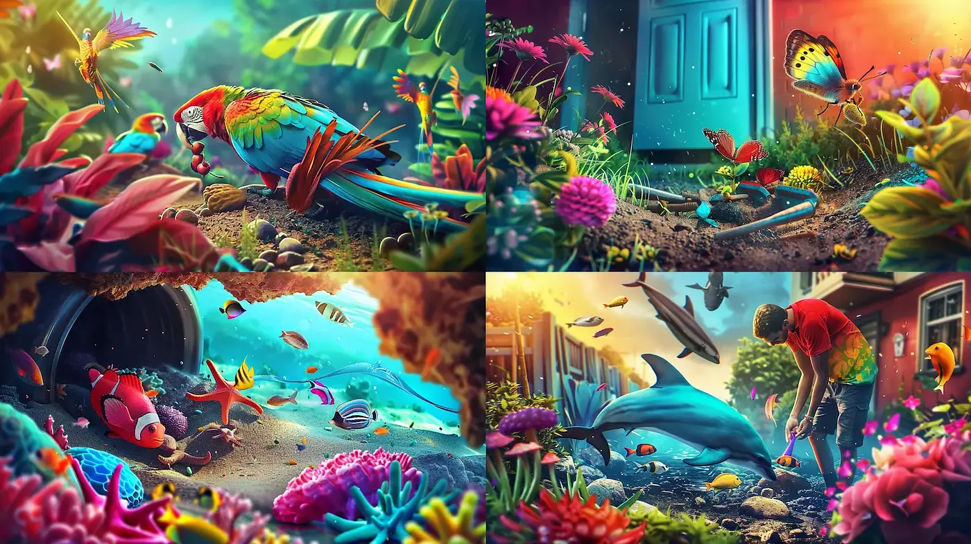 Vibrant Surrealism with Tropical Themes and Whimsical Elements - Midjourney sref style