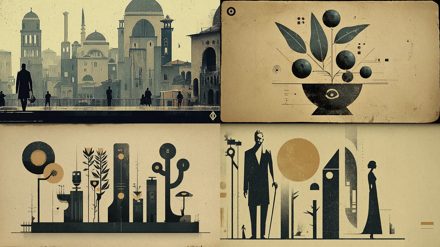 Distinctive and Unified Visual Aesthetic with Geometric Forms and Muted Tones - Midjourney sref style